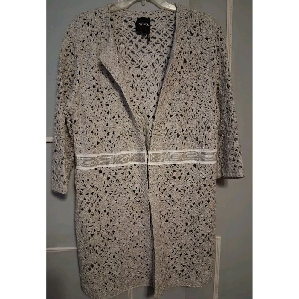 Nic + Zoe Open Knit Cardigan Sweater Size XL Gray w/Matellic Thread